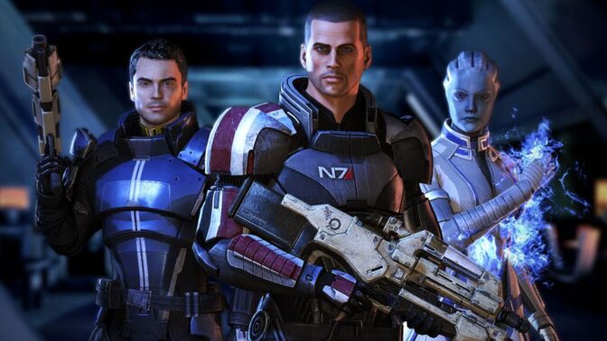 Kommandør Shepard (i midten) i "Mass Effect".