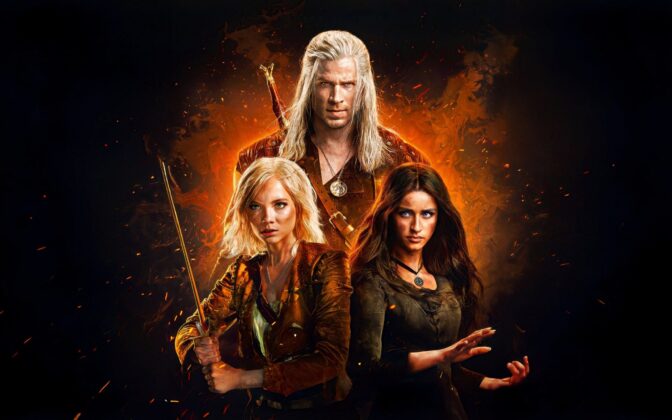 Liam Hemsworth, Freya Allan og Anya Chalotra som Geralt, Ciri og Yennefer i sesong 4 av 'The Witcher'.