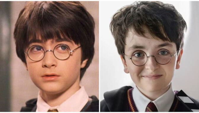 Daniel Radcliffe og Dominic McLaughlin som Harry Potter.