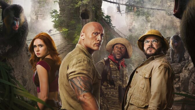 Karen Gillan, Dwayne Johnson, Kevin Hart og Jack Black i "Jumanji".