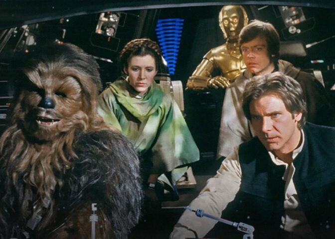 Harrison Ford, Anthony Daniels, Carrie Fisher, Mark Hamill og Peter Mayhew i "Jedi-ridderen vender tilbake".