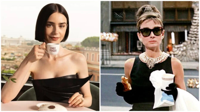 Lily Collins i «Emily in Paris» og Audrey Hepburn i «Breakfast at Tiffany's».