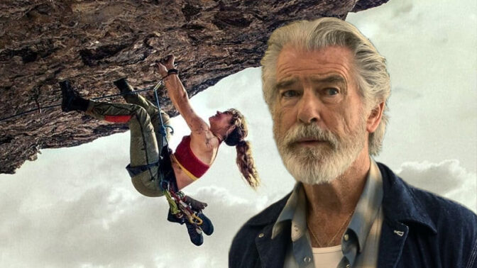 Lilly James og Pierce Brosnan i fjellene (bildet er en fotomontasje).